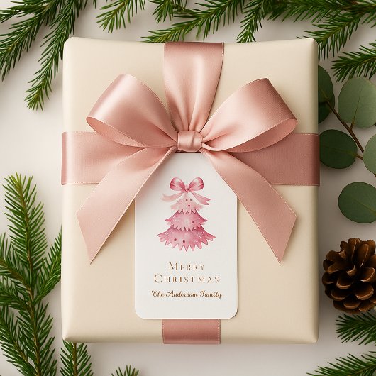 Elegante Minimaal Roze Kerstboom Typografie Etiket