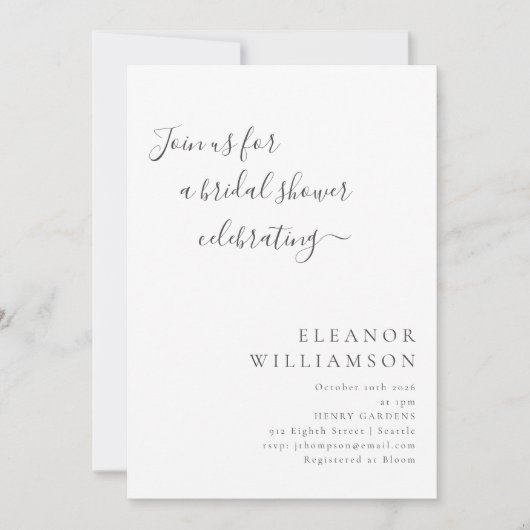 Elegante Minimaal Zwarte Witte Script Bruidsborrel Kaart (Voorkant)