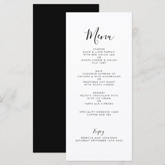 Elegante Minimal Black White Wedding Menu Kaart (Voorkant / Achterkant)