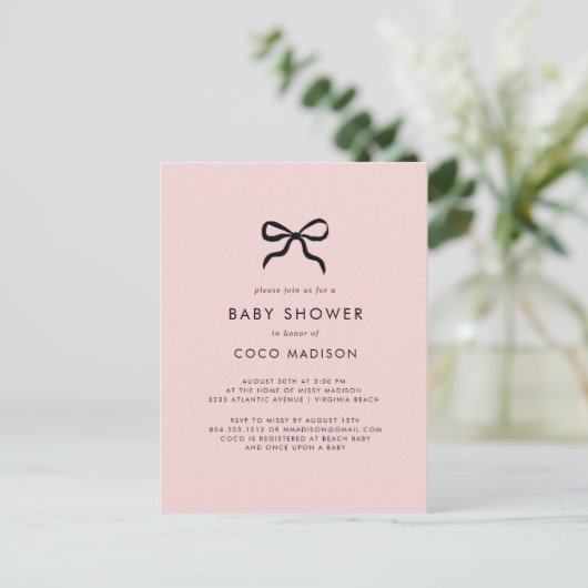 Elegante Minimal Bow Baby shower Uitnodiging (Staand voorkant)