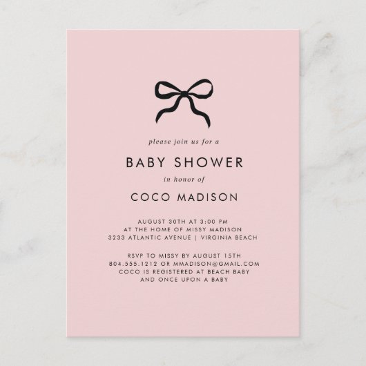 Elegante Minimal Bow Baby shower Uitnodiging (Voorkant)