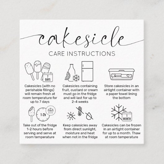 Elegante minimal Cakesicles verzorgingsinstructies Vierkante Visitekaartje (Voorkant)