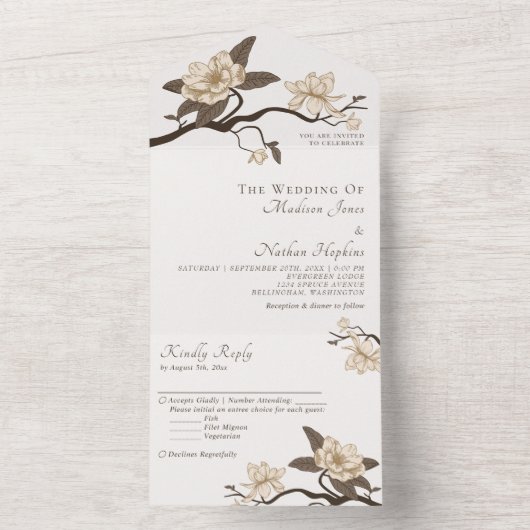 Elegante Minimal Cream Magnolia bruiloft All In One Uitnodiging (Binnen)