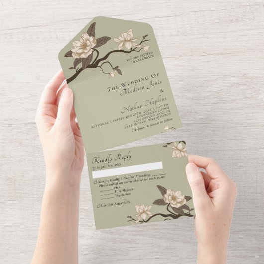Elegante  Minimal Green Magnolia bruiloft All In One Uitnodiging (Afscheurbaar)