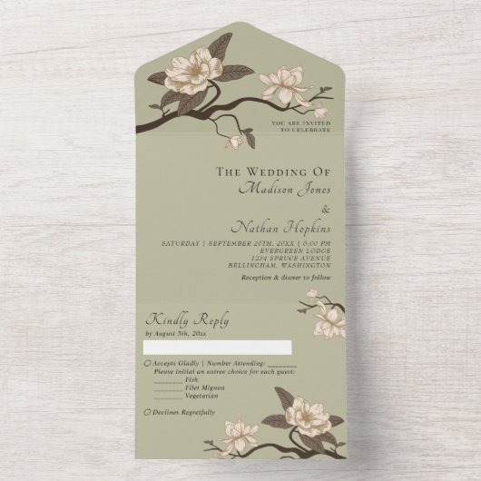 Elegante  Minimal Green Magnolia bruiloft All In One Uitnodiging (Binnen)