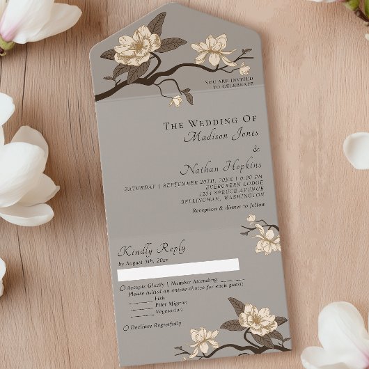 Elegante  Minimal Grey Magnolia bruiloft All In One Uitnodiging