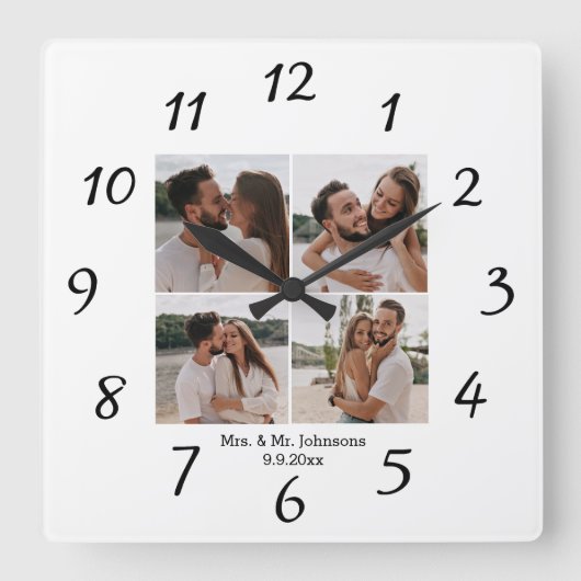 elegante minimal mrs & mr 4 foto collage bruiloft vierkante klok (Voorkant)