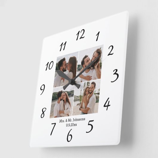 elegante minimal mrs & mr 4 foto collage bruiloft vierkante klok (Hoek)