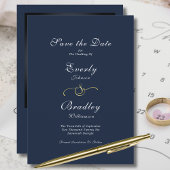 Elegante Minimal Navy Gold Script Save the Date Kaart