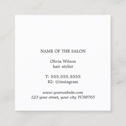 Elegante Minimal Pastel Black Scissors Haarstylist Vierkante Visitekaartje (Achterkant)