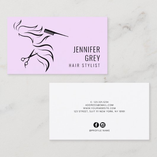 Elegante minimal pastel paarse schaar haarstylist visitekaartje (Voorkant / Achterkant)