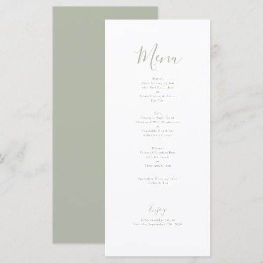 Elegante Minimal Sage Green Wedding Menu Kaart (Voorkant / Achterkant)