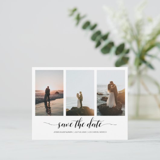 Elegante Minimal Save The Date met Fotocollage Briefkaart (Staand voorkant)