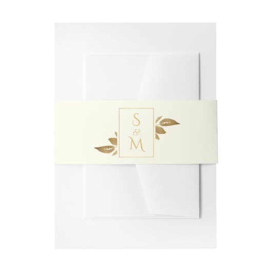 Elegante minimale bladeren ivoor wit goud bruiloft uitnodigingen wikkel (Voorkant Voorbeeld)
