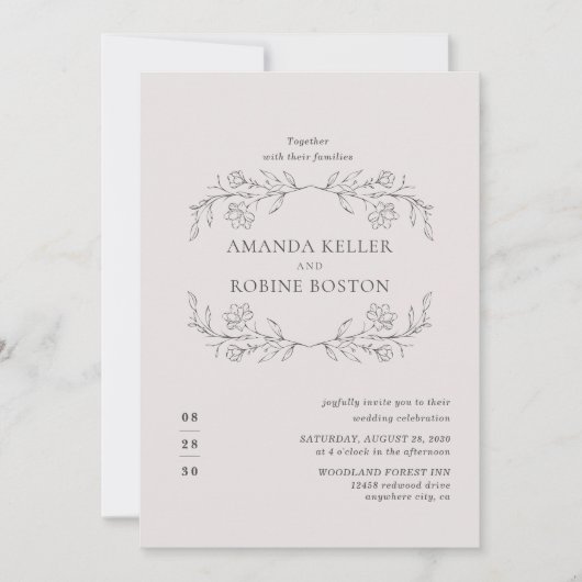 Elegante minimale bloemenbruiloft uitnodiging (Voorkant)