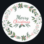 Elegante minimale bloemenvrolijke kersttypografie ronde sticker<br><div class="desc">Schattigee vrolijke kersttypografie minimalistisch bloemontwerp</div>