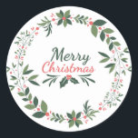 Elegante minimale bloemenvrolijke kersttypografie ronde sticker<br><div class="desc">Schattigee vrolijke kersttypografie minimalistisch bloemontwerp</div>