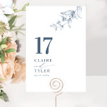 Elegante, minimale botanische blauwe bruiloft kaart<br><div class="desc">Leid uw gasten naar hun tafel met deze elegante trouwtafel nummerkaart. Stijlvol en eenvoudig ontwerp met namen aan de zijkant, samen met de "en" in moderne handgeschreven kalligrafie. Delicaat met de hand getekend botanisch groen hoekdetail. Plaats een individuele bestelling voor "elk" tabelnummer (d.w.z. voor een evenement met drie tafels moet...</div>