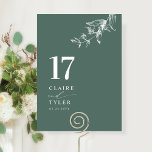 Elegante, minimale botanische diepgroene bruiloft kaart<br><div class="desc">Leid uw gasten naar hun tafel met deze elegante diepgroene trouwtafel nummerkaart. Stijlvol en eenvoudig ontwerp met namen aan de zijkant, samen met de "en" in moderne handgeschreven kalligrafie. Delicate handgetekende botanische groen hoekdetail. Gelieve een individuele bestelling te plaatsen voor "elk" tafelnummer (d.w.z. voor een evenement met drie tafels moet...</div>