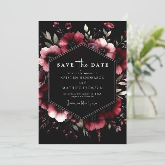 Elegante minimale Bourgondische bruiloft Save The Date (Staand voorkant)