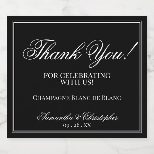 Elegante minimale bruiloft dank u wit op zwart sparkling wijnetiket (Enkel label)