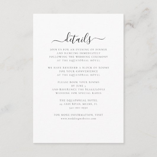 Elegante minimale bruiloft details informatiekaartje (Voorkant)