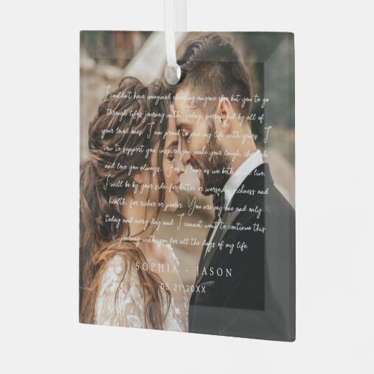 Elegante minimale bruiloft gelofte script paar fot glas ornament (Voorkant links)