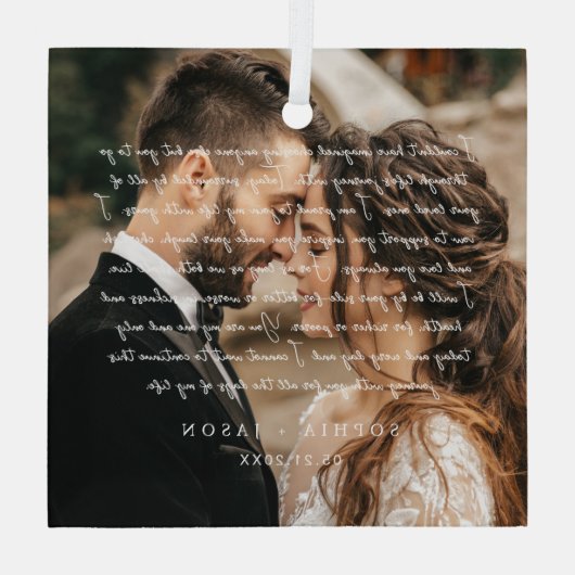 Elegante minimale bruiloft gelofte script paar fot glas ornament (Achterkant)