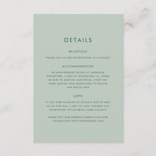 Elegante minimale eucalyptus groen bruiloft informatiekaartje (Voorkant)