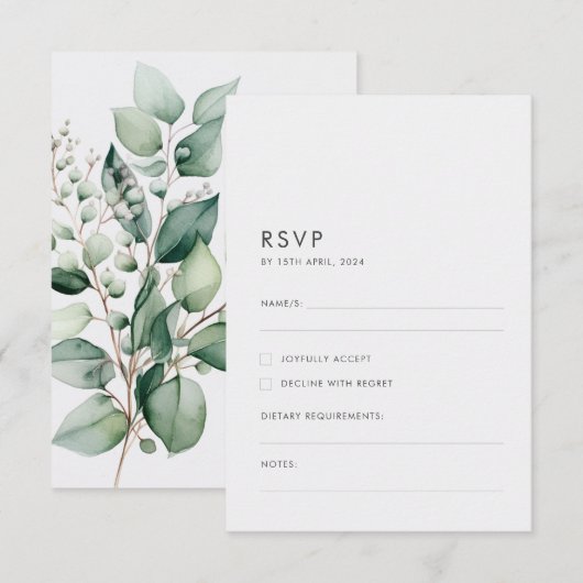 Elegante minimale eucalyptus groen bruiloft RSVP kaartje (Voorkant / Achterkant)