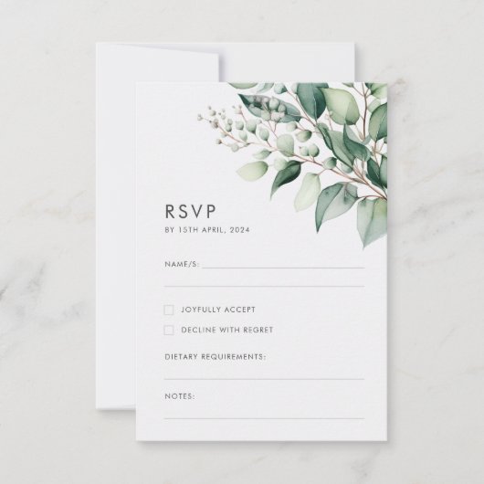 Elegante minimale eucalyptus groen bruiloft RSVP kaartje (Voorkant)