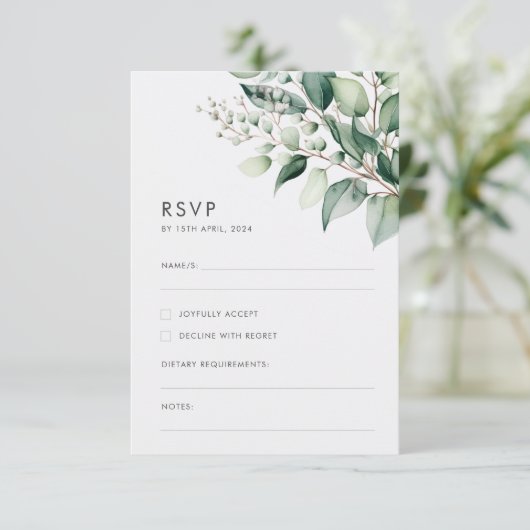 Elegante minimale eucalyptus groen bruiloft RSVP kaartje (Staand voorkant)