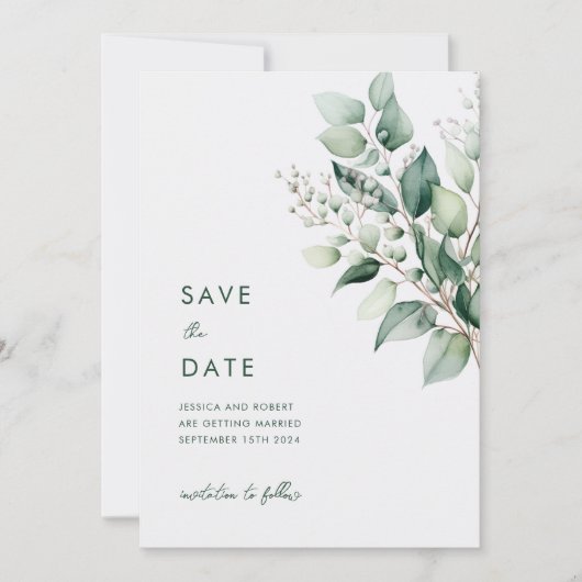 Elegante minimale eucalyptus groen bruiloft save the date (Voorkant)