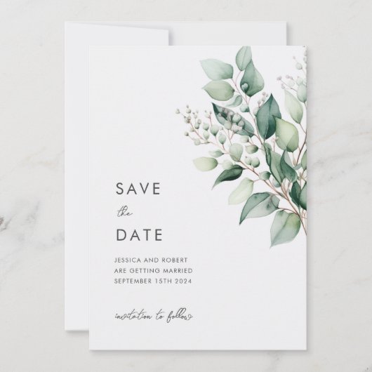 Elegante minimale eucalyptus groen bruiloft save the date (Voorkant)