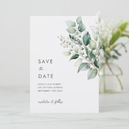 Elegante minimale eucalyptus groen bruiloft save the date