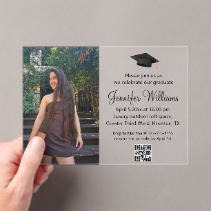 elegante minimale foto afstudeerfeest qr code acryl uitnodigingen