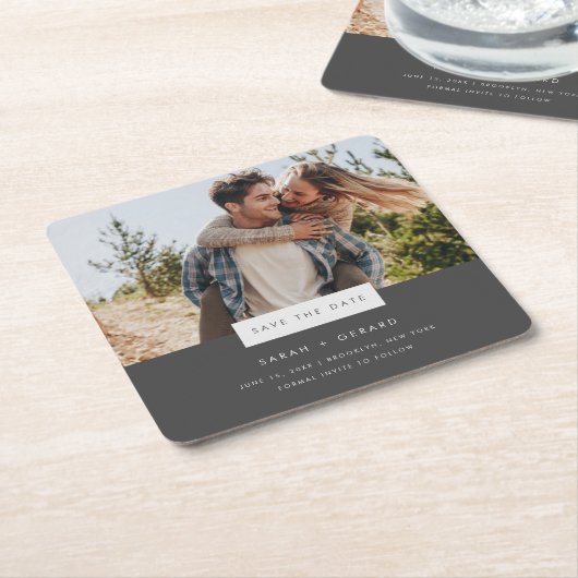 Elegante minimale foto bruiloft Bewaar de datum Kartonnen Onderzetters (Schuin)