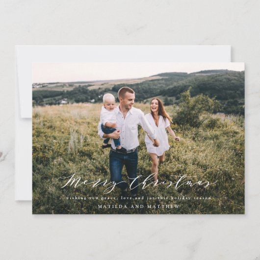 Elegante minimale foto Kerstmis script navyblauw Feestdagenkaart (Voorkant)