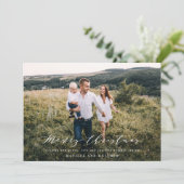 Elegante minimale foto Kerstmis script navyblauw Feestdagenkaart (Staand voorkant)