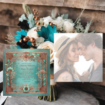 Elegante Minimale Frame Koper Turquoise Trouwkaart