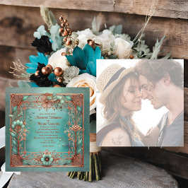Elegante Minimale Frame Koper Turquoise Trouwkaart Feestdagenkaart