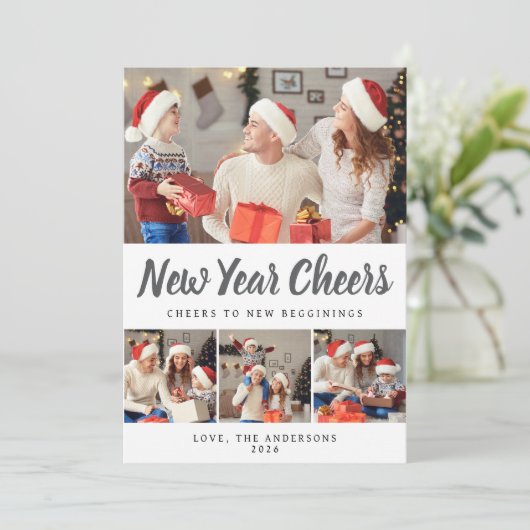 Elegante minimale gelukkige nieuwjaarsfamiliefoto feestdagenkaart (Staand voorkant)