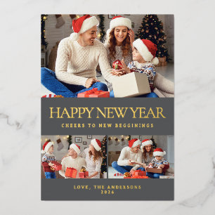 Elegante minimale gelukkige nieuwjaarsfamiliefoto folie feestdagenkaart