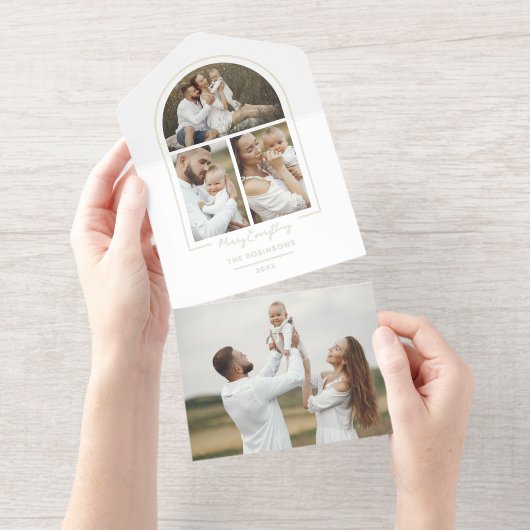 Elegante minimale gouden lijn boog 3-foto all in one uitnodiging (Uittrekbaar)