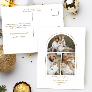 Elegante minimale gouden lijn boog 3-foto feestdagenkaart