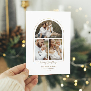 Elegante minimale gouden lijn boog 3-foto feestdagenkaart
