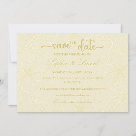 Elegante minimale gouden omtrek bloemen bruiloft save the date (Voorkant)