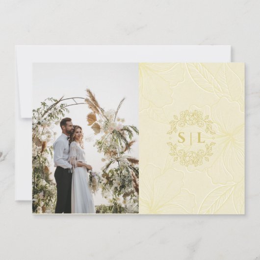 Elegante minimale gouden omtrek bloemen bruiloft save the date (Achterkant)