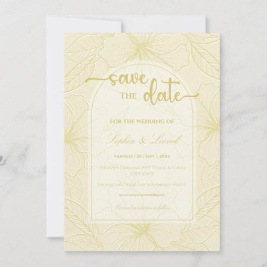 Elegante minimale gouden omtrek bloemenbruiloft save the date (Voorkant)