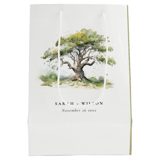 Elegante minimale groene Waterverf eikenboom bruil Medium Cadeauzakje (Achterkant)